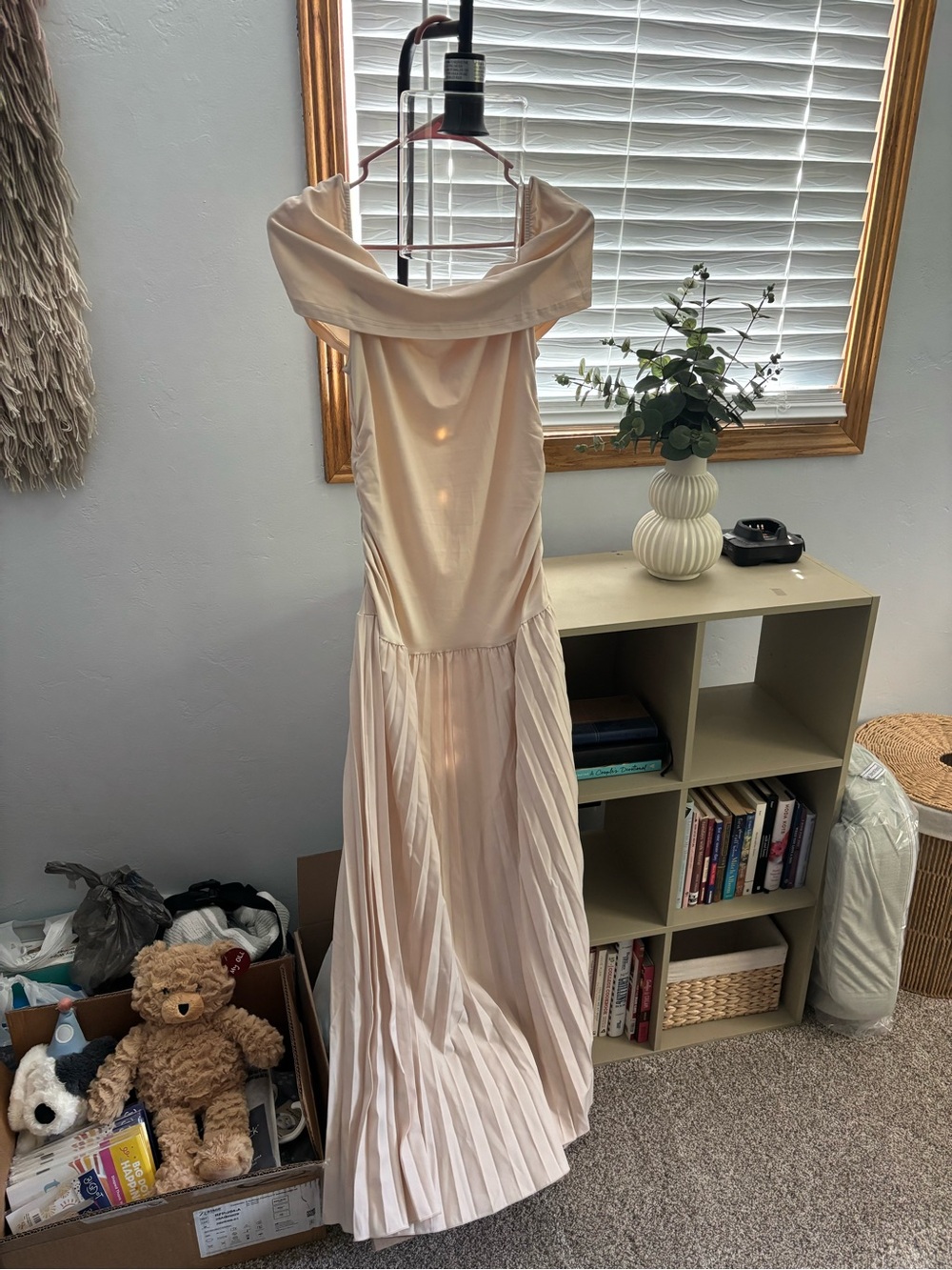 Momyknows Apricot Off Shoulder Ruched Pleated Big Swing Maternity Dress- M - Picture 7 of 9